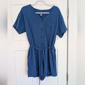 Textured Blue V-Neck Button Down Romper Size Large